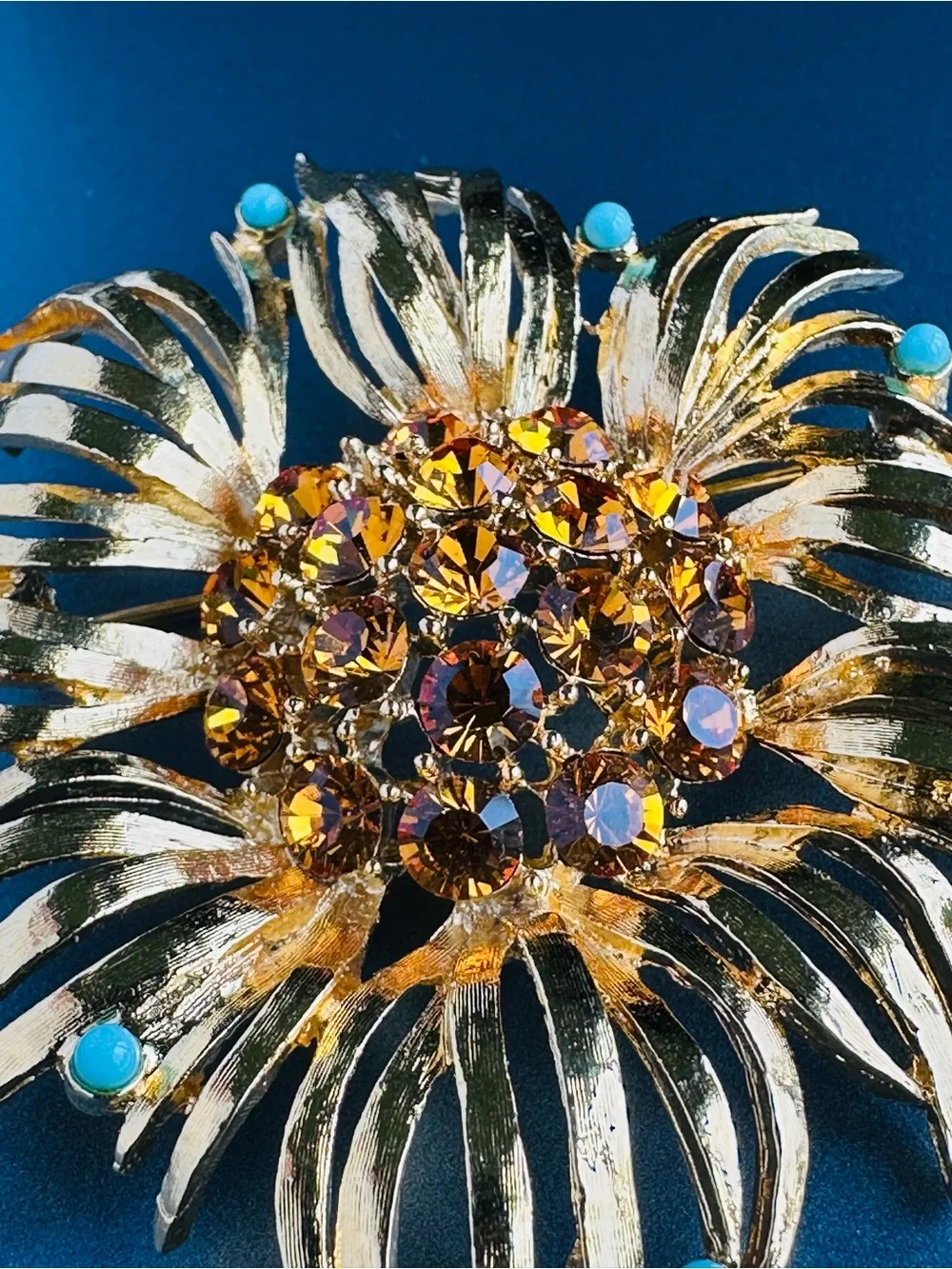 Early 1950s Sarah Coventry Script Signed Flower Brooch Gold Tone Topaz Turquoise